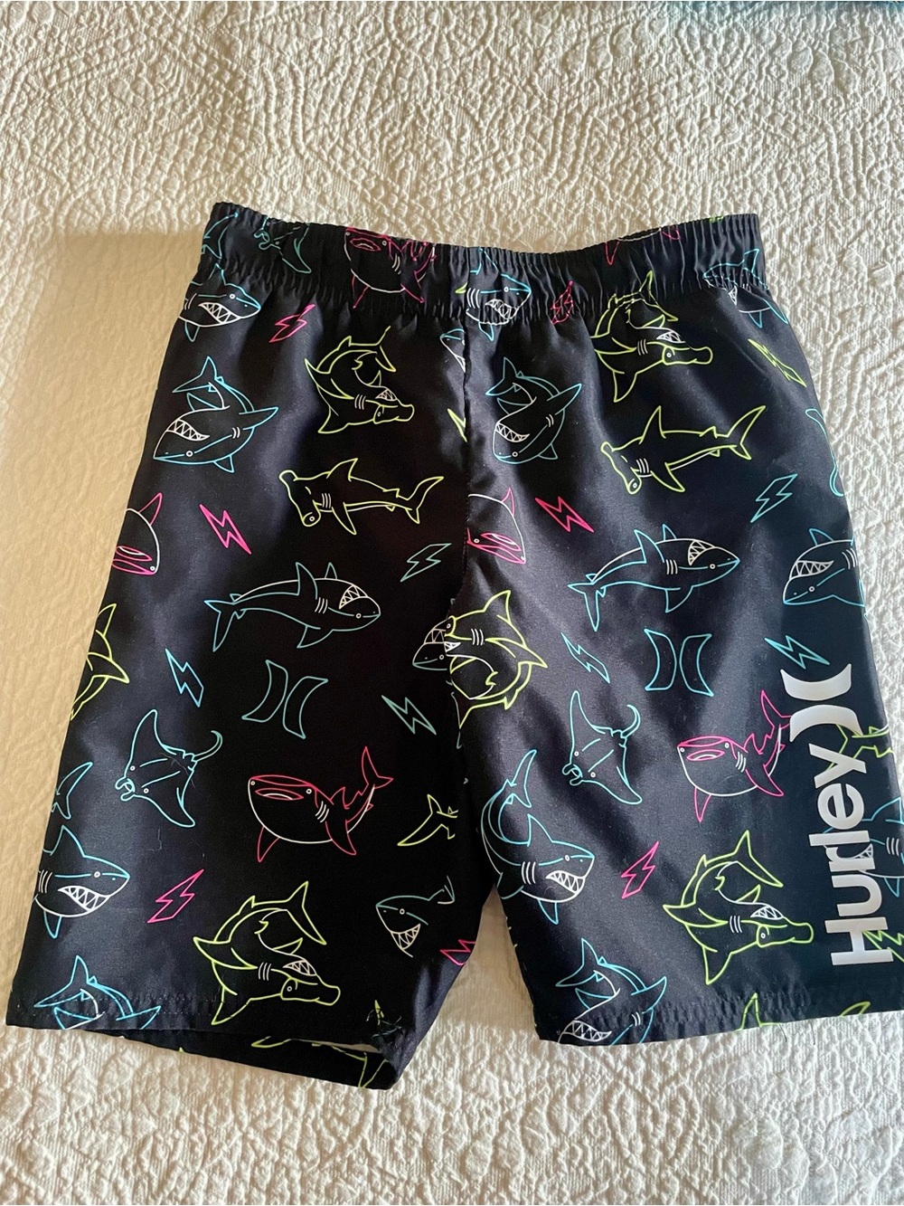 Hurley Boys Black Neon Shark Print Swim Trunks